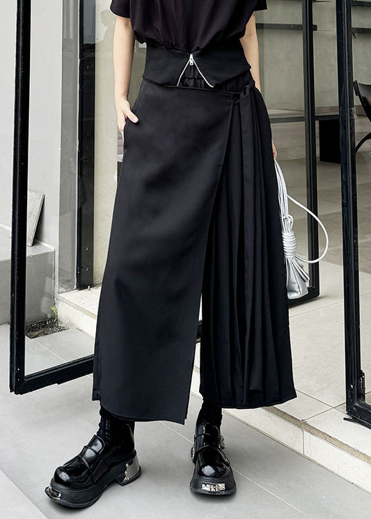 New Black Asymmetrical Pleated Ribbon Splicing Fake Two Piece Wide Leg Pants