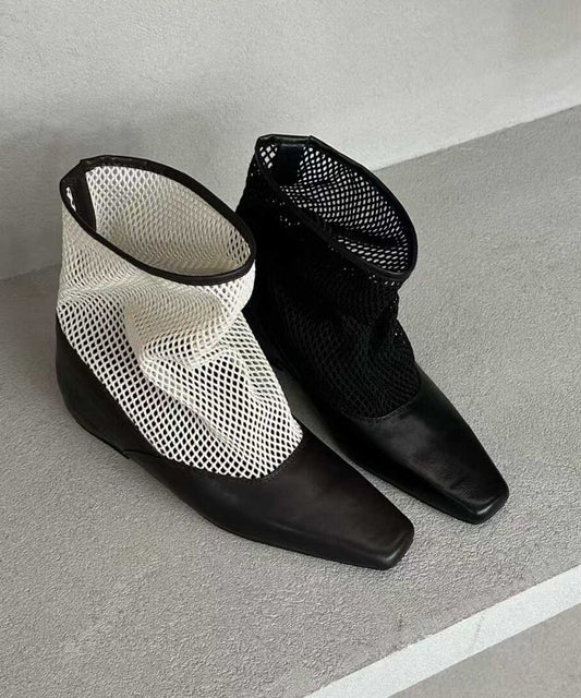 New Black Cowhide Cool Boots Square Toe Splicing Breathable Mesh Fabric