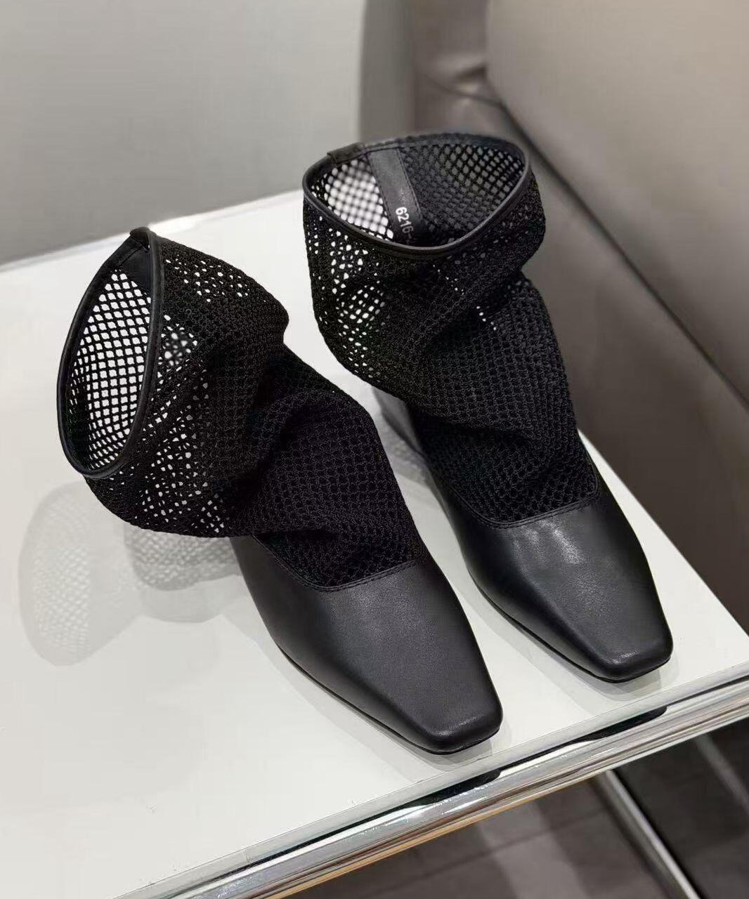 New Black Cowhide Cool Boots Square Toe Splicing Breathable Mesh Fabric