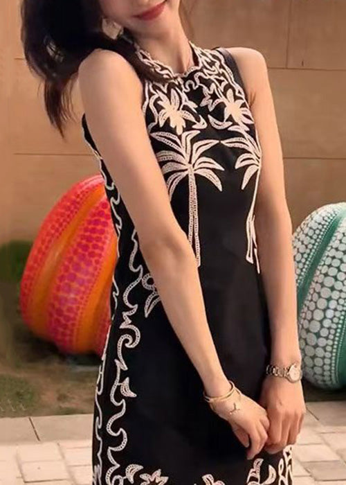 New Black O-Neck Print Cotton Mid Dress Sleeveless