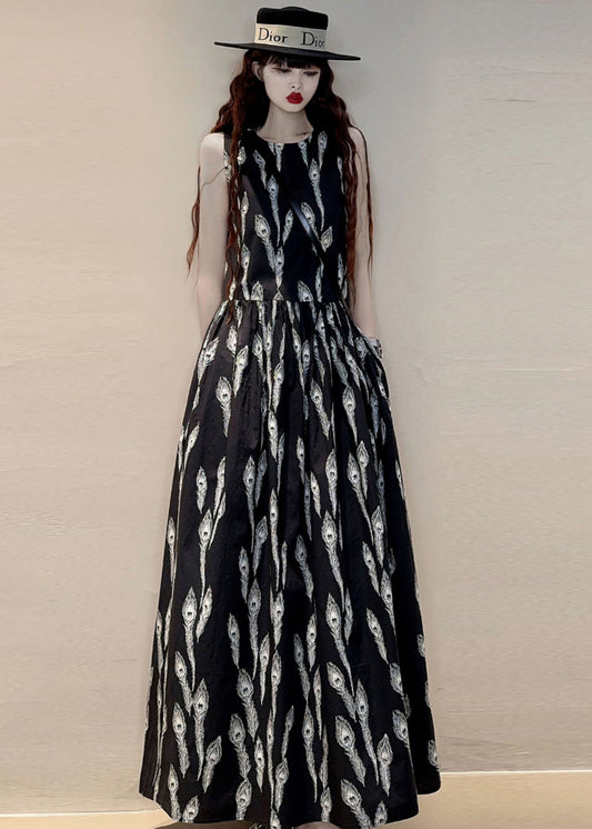 New Black O Neck Print Pockets Cotton Maxi Dresses Sleeveless