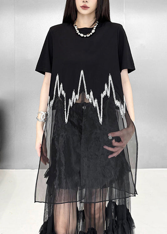 New Black O Neck Sequins Patchwork Cotton T Shirt Dress Summer