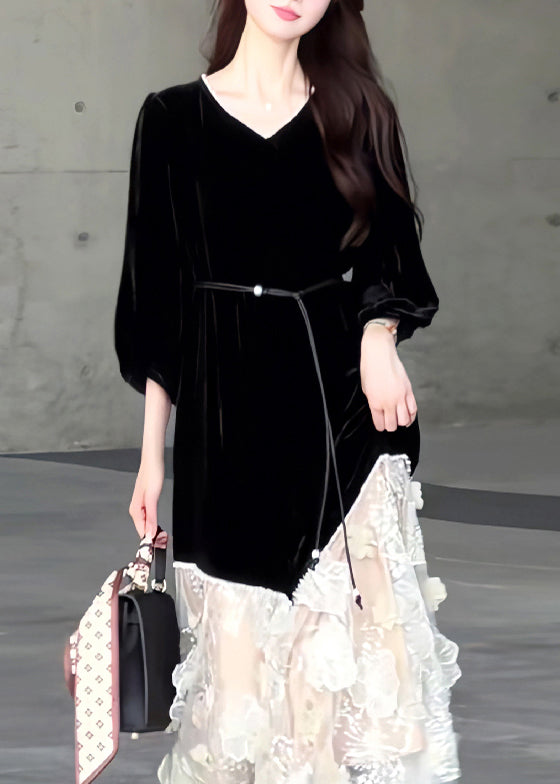 New Black O Neck Tulle Patchwork Velvet Long Dresses Spring