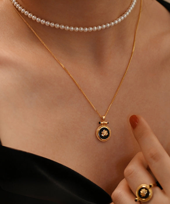 New Black Onyx Roses Adjustable14K Gold Pendant Necklace