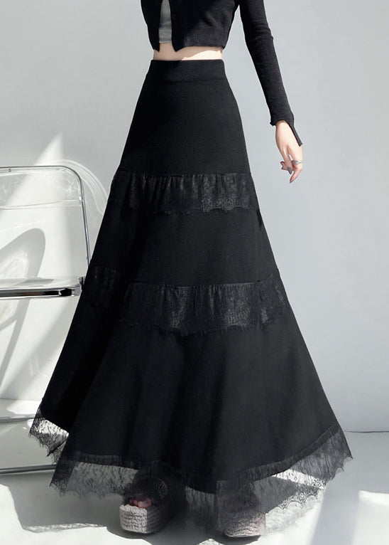 New Black Original Design Lace Patchwork Knit A Line Skirts