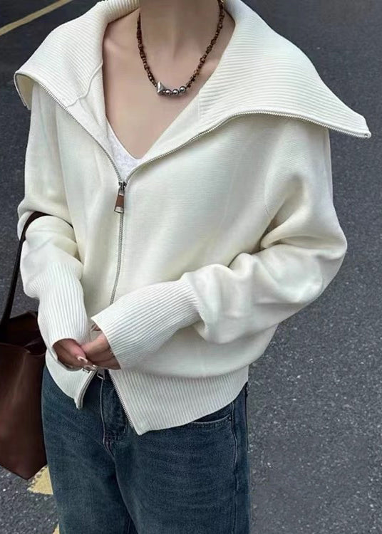 New Black Peter Pan Collar Zip Up Knit Sweater Spring