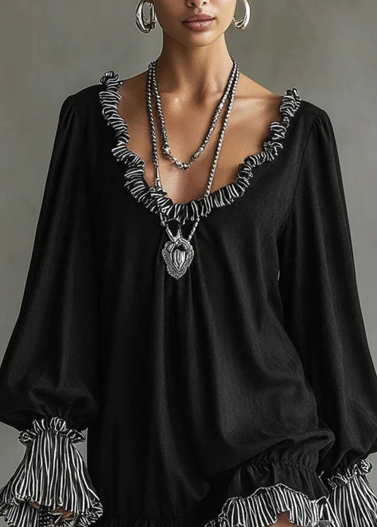 New Black Ruffled Patchwork Cotton Mid Dress Fall