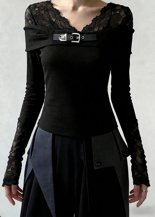 New Black V Neck Lace Patchwork T Shirt Spring