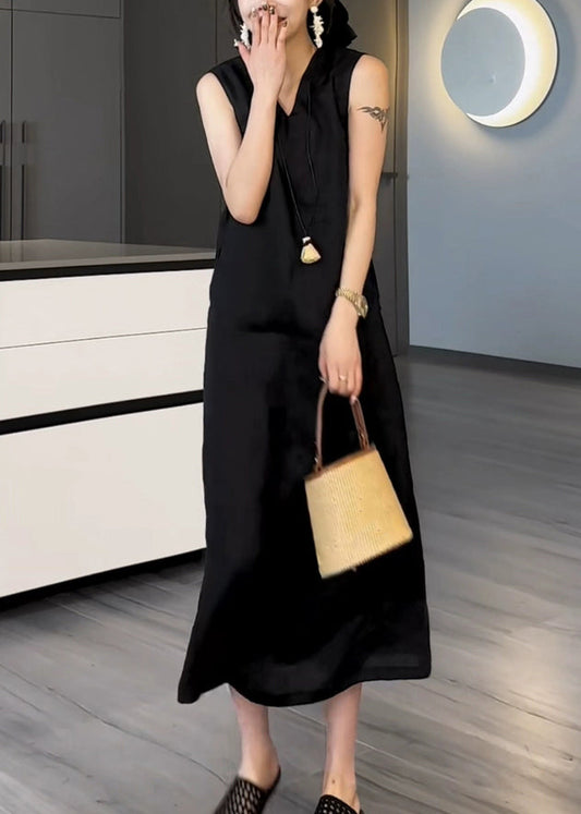New Black V Neck Pockets Solid Cotton Long Dress Sleeveless