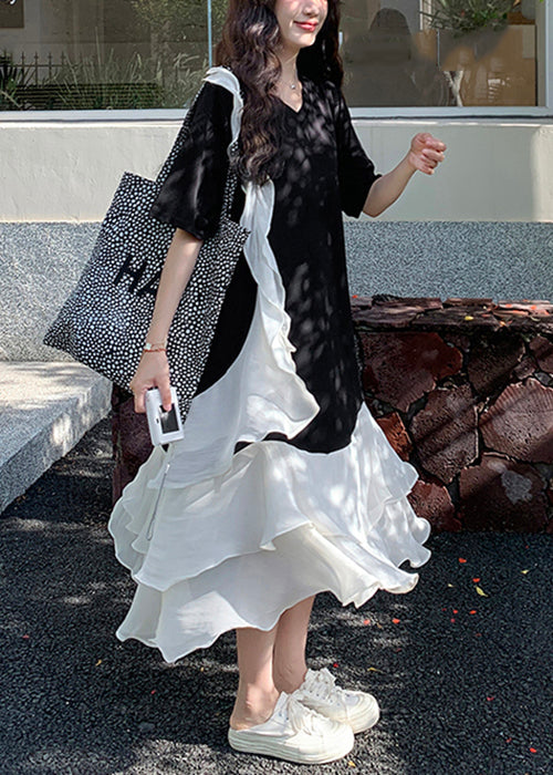 New Black V Neck Ruffled Patchwork Cotton Long Dresses Summer