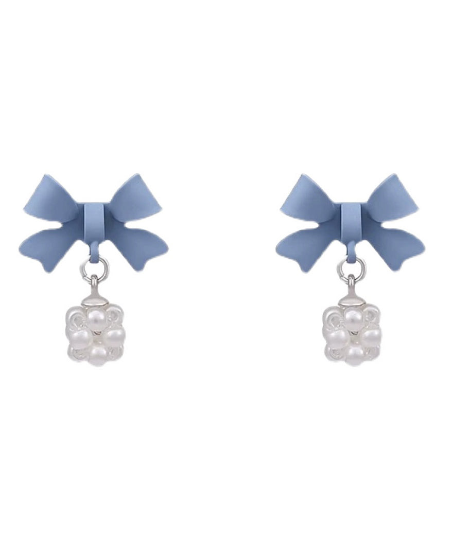 New Blue Baking Paint Bow Pearl Ball Stud Earrings