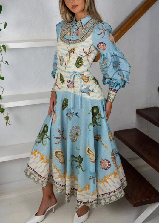 New Blue Button Print Lace Up Cotton Long Dress Spring
