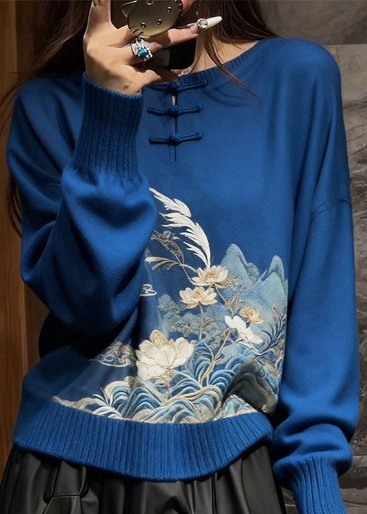 New Blue Embroidered Button Cozy Knit Sweaters Spring