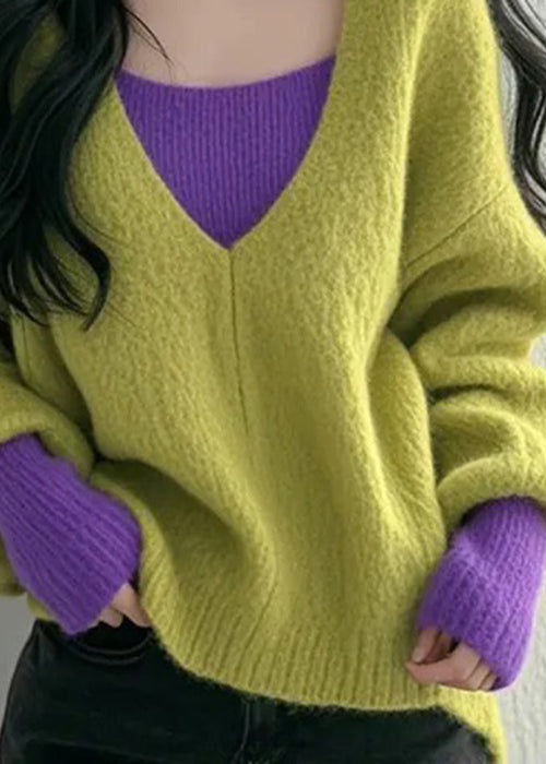 New Blue False Two Pieces Patchwork Knit Sweaters Fall