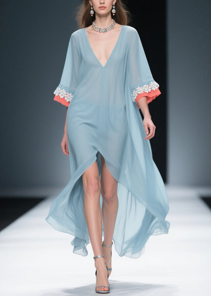 New Blue Low High Design Floral Patchwork Chiffon Dresses Bracelet Sleeve