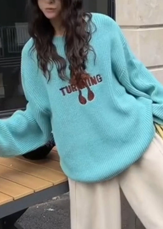 New Blue O Neck Embroidered Knit Sweaters Top Winter