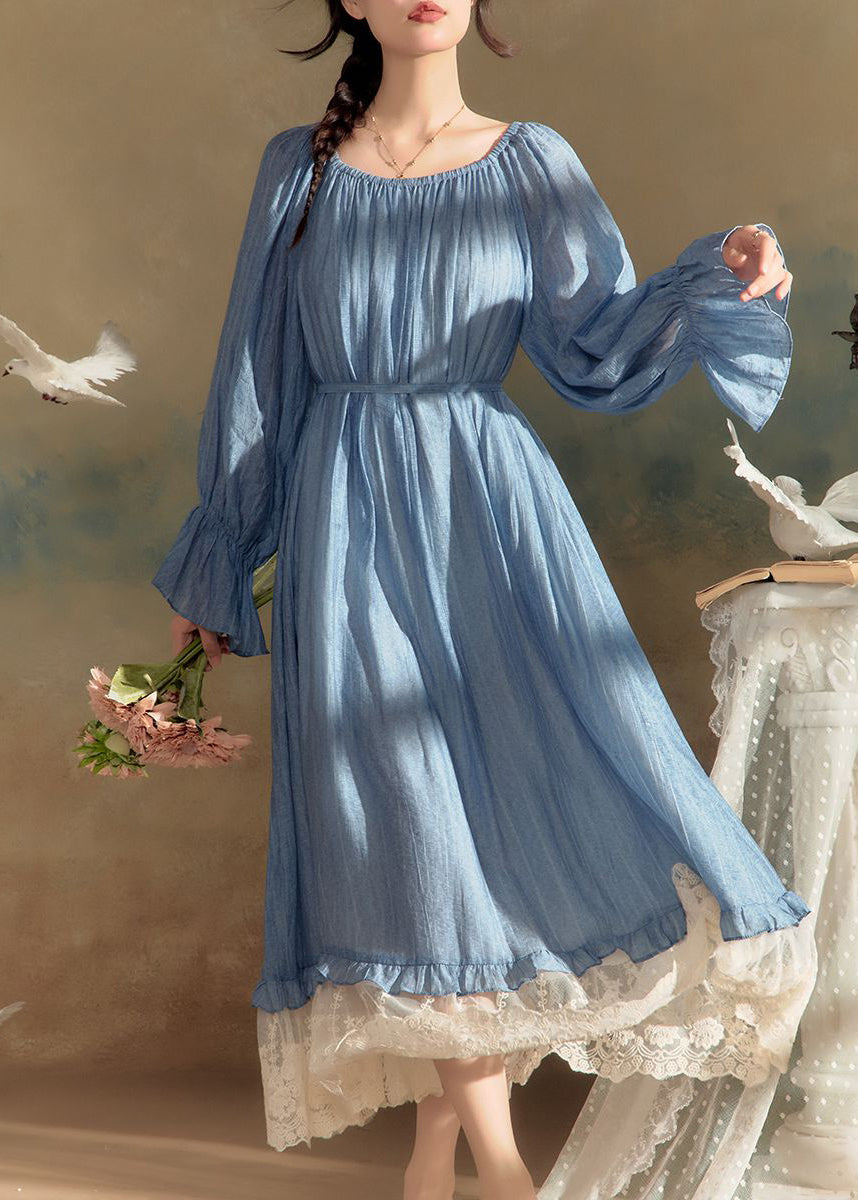 New Blue O-Neck Lace Patchwork Cotton Long Dress Flare Sleeve