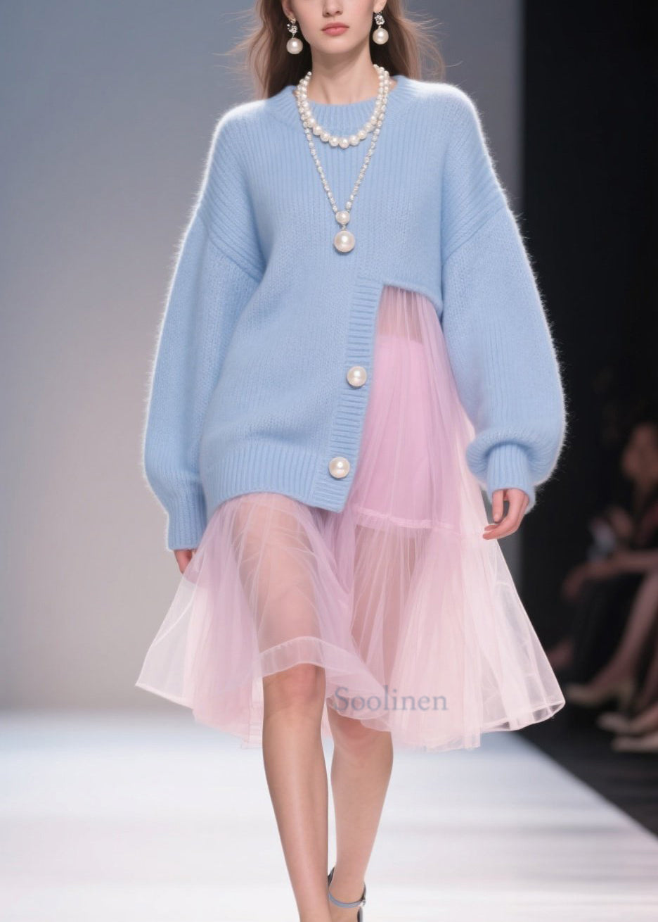 New Blue O Neck Tulle Patchwork Loose Knit Dress Fall