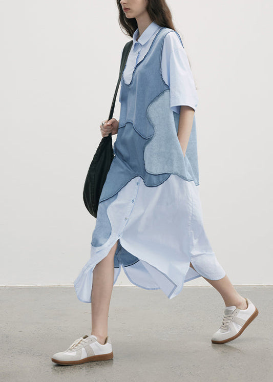 New Blue Peter Pan Collar Patchwork Cotton Shirts Dresses Summer