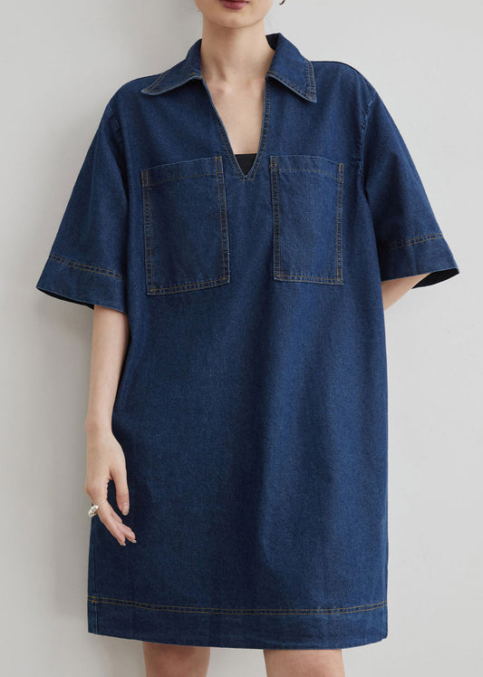 New Blue Peter Pan Collar Pockets Denim Mid Dress Summer