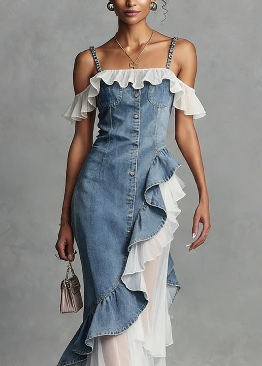 New Blue Ruffled Asymmetrical Tulle Patchwork Denim Dress Summer