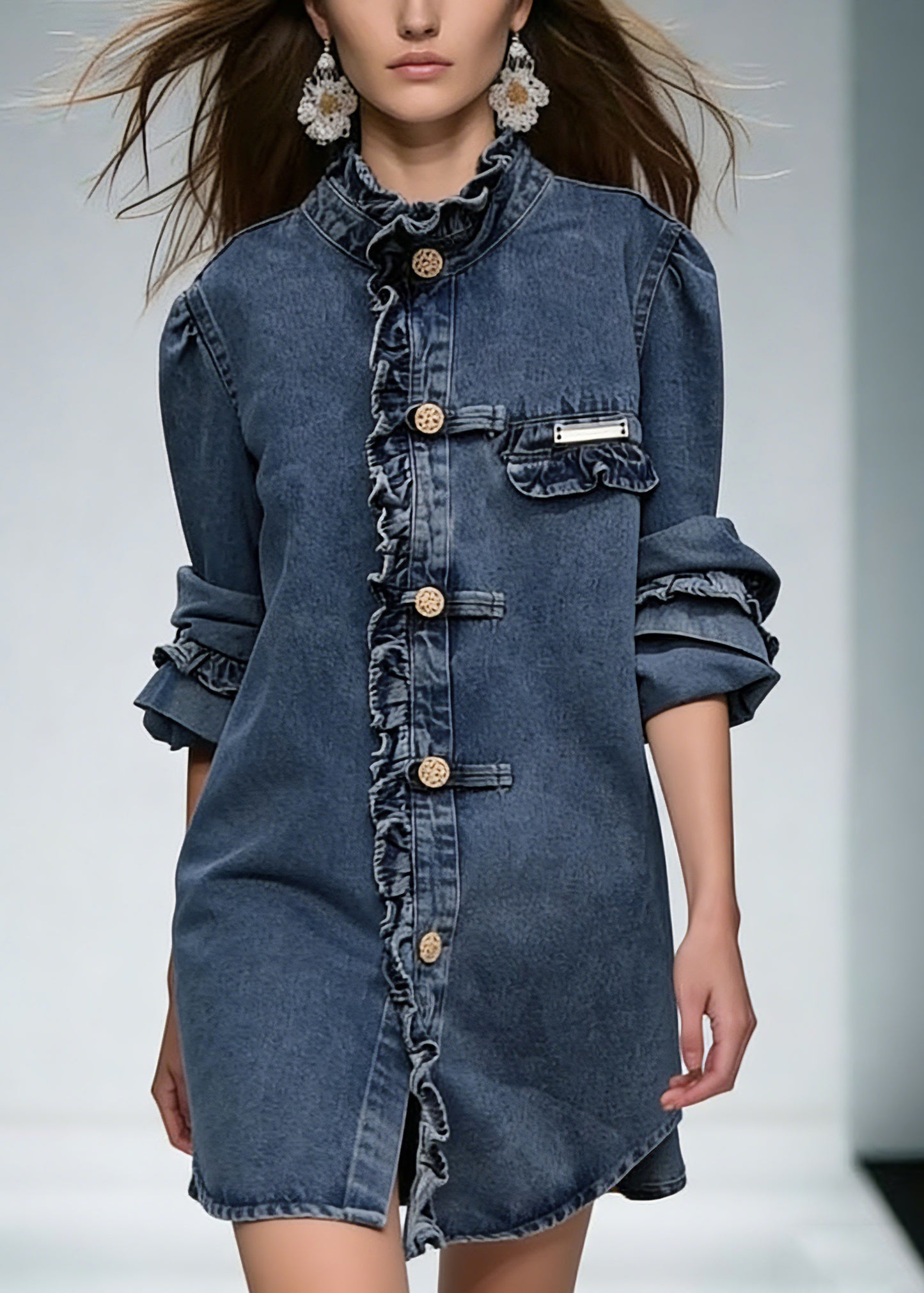 New Blue Ruffled Button Denim Coats Long Sleeve