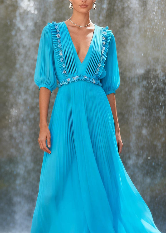 New Blue V Neck Ruffled Floral Patchwork Chiffon Dress Summer