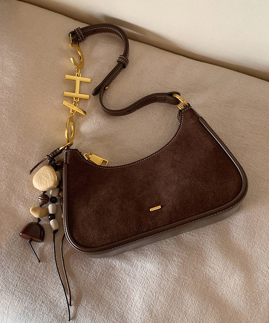 New Brown Beading Decorated Faux Suede Shoulder Bag
