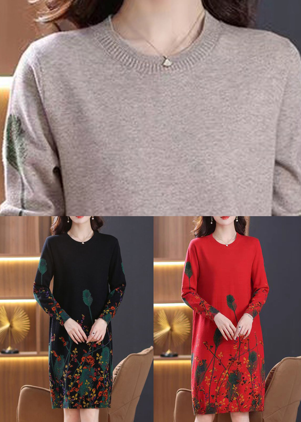 New Camel Print Side Open Cozy Knit Sweaters Dresses