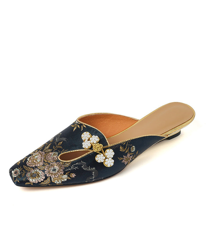 New Chinese Black Embroidered Nail Bead Satin Baotou Slippers