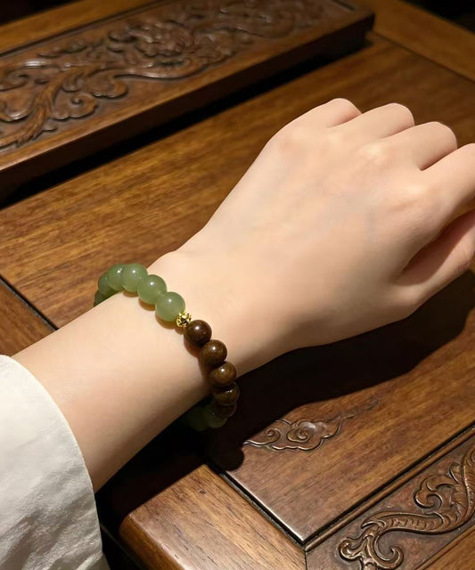 New Chinese Style Clear Water Green Jade And Wooden Bracelet