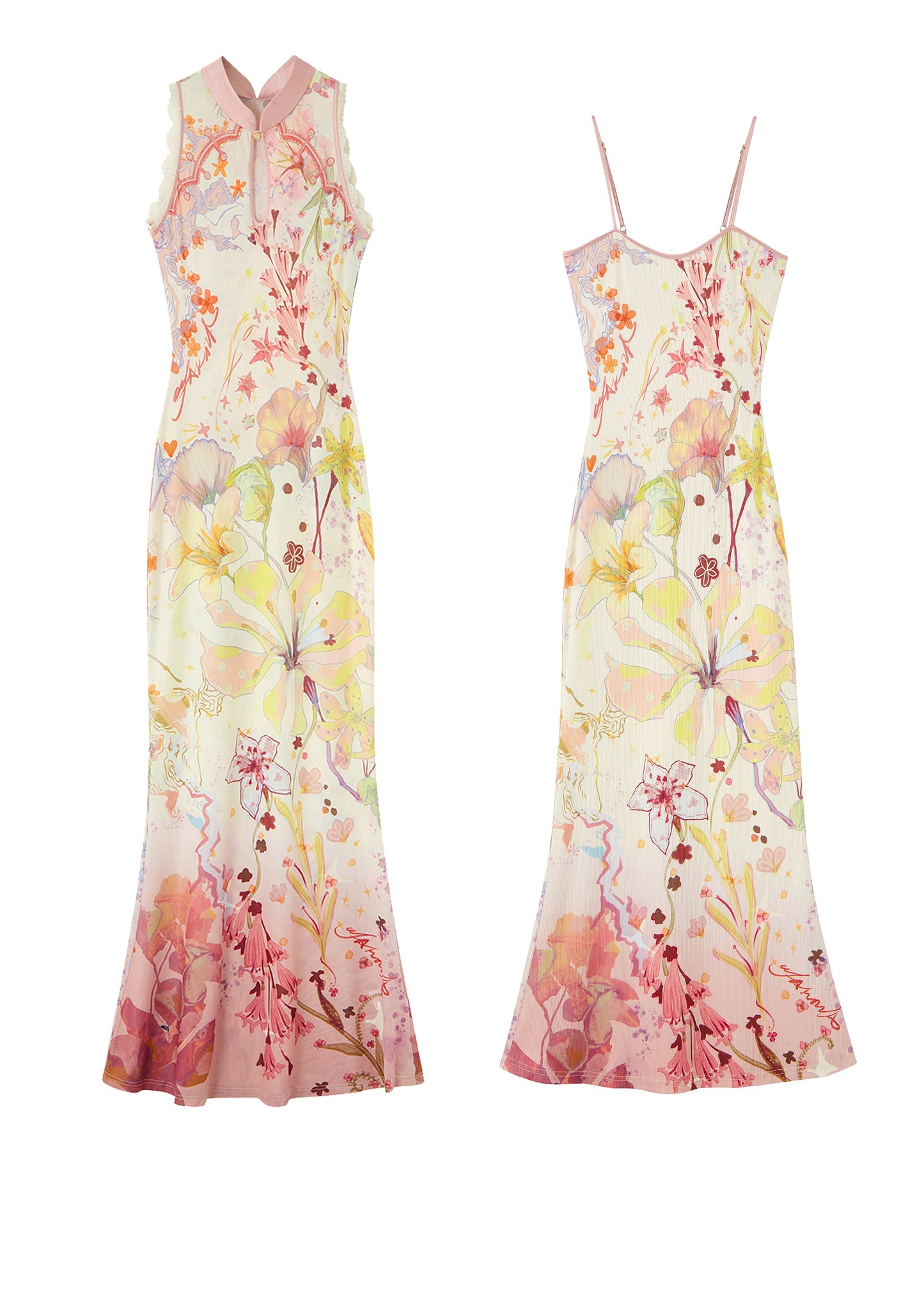 New Chinese Style Gradient Print Sleeveless Tulle Cheongsam Dress Set