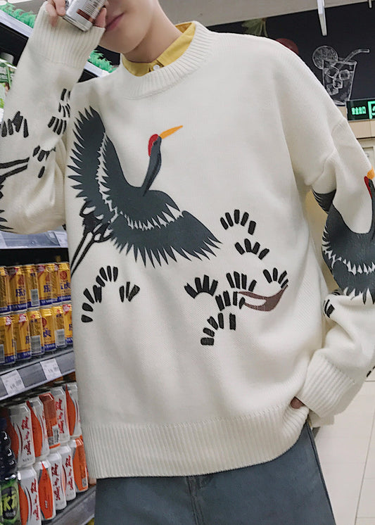 New Coffee O Neck Print Knit Mens Sweater Spring