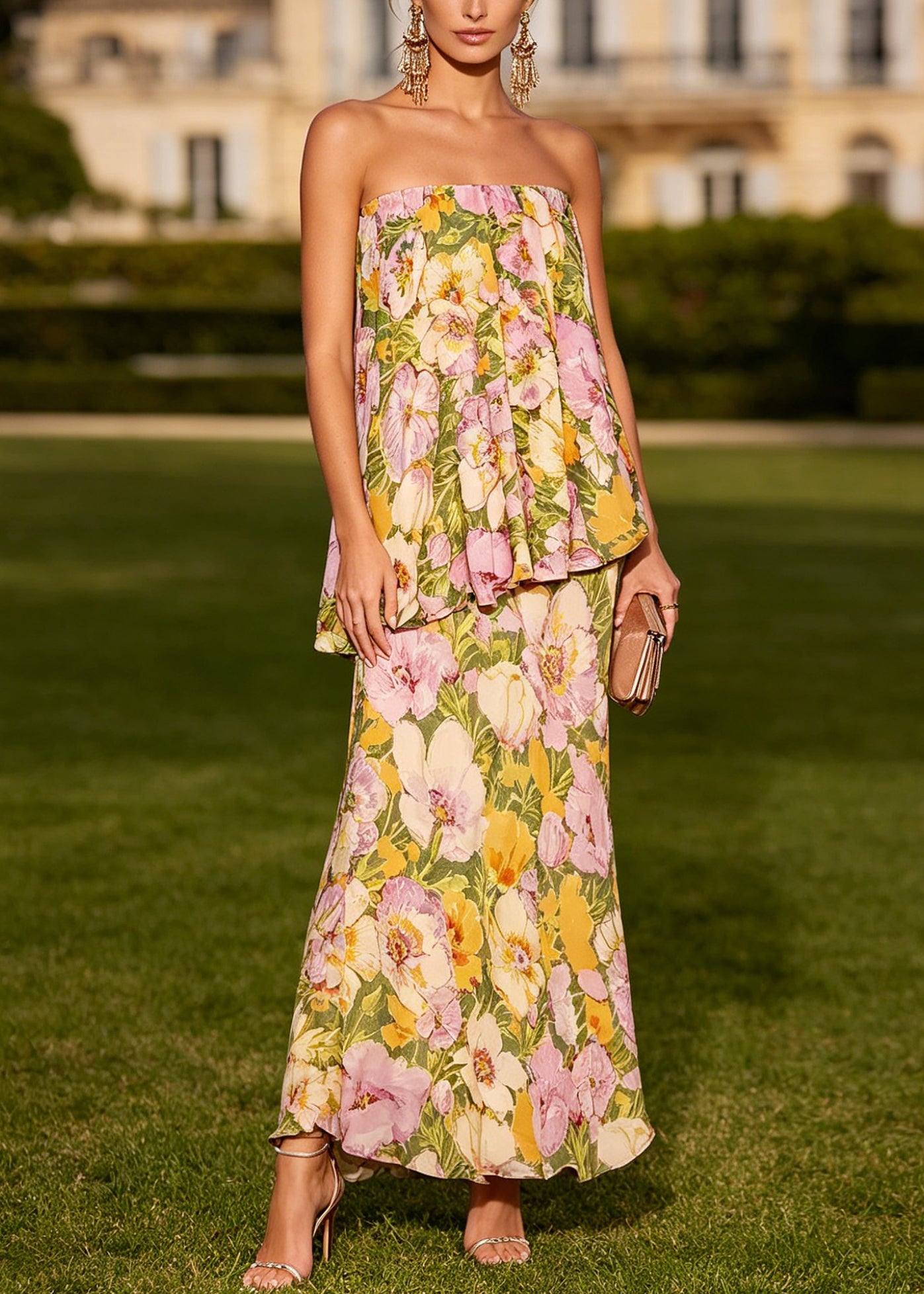 New Cold Shoulder Print Wrinkled Chiffon Maxi Dresses Sleeveless