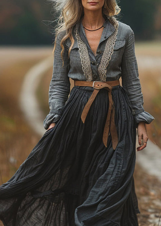 New Colorblock Lace Wrinkled Patchwork Cotton Long Dresses Spring