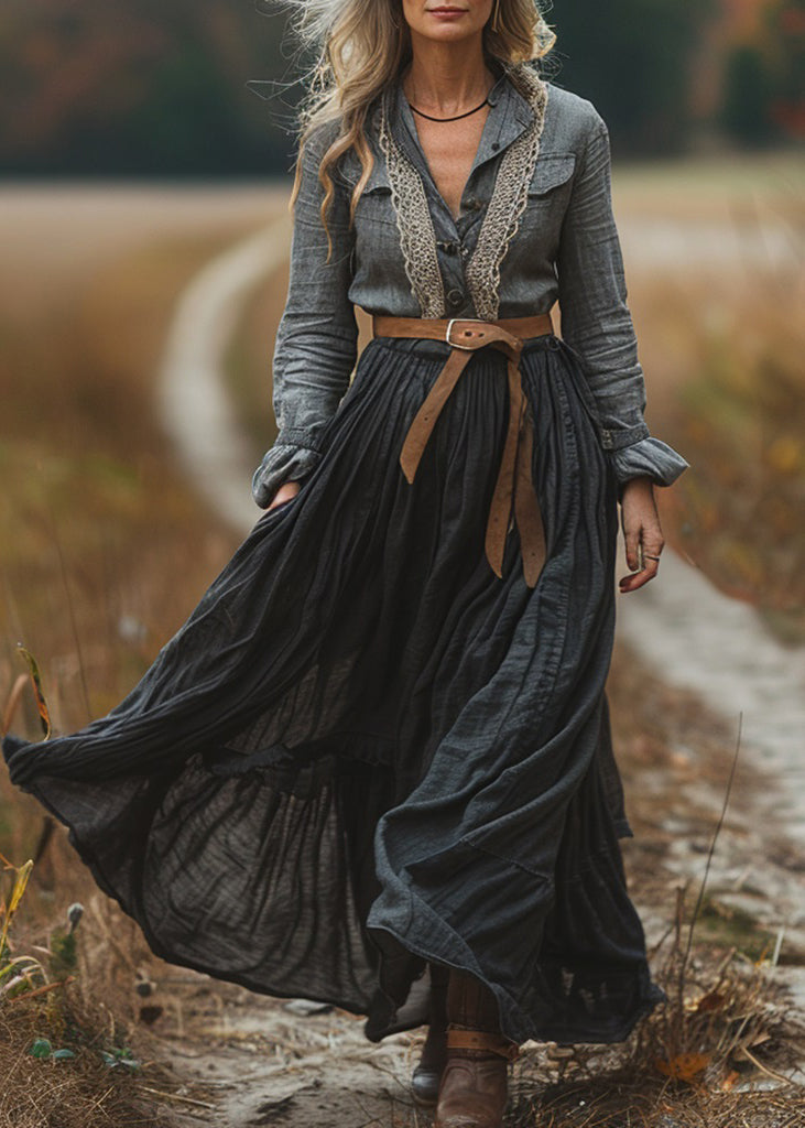 New Colorblock Lace Wrinkled Patchwork Cotton Long Dresses Spring