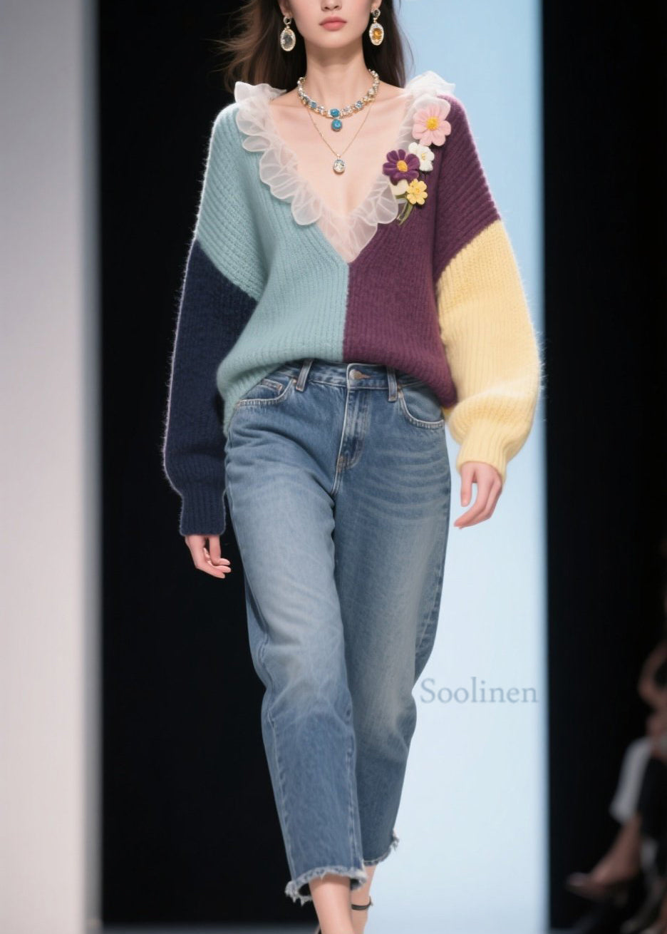 New Colorblock V Neck Ruffled Floral Knitted Tops Fall