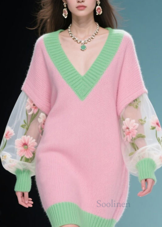 New Colorblock V Neck Tulle Patchwork Knit Sweater Dress Fall