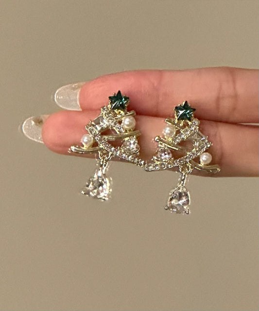 New Gold Copper Alloy Zircon Christmas Tree Water Droplet Drop Earrings