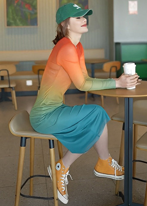 New Gradient Color O Neck Cotton Dress Long Sleeve