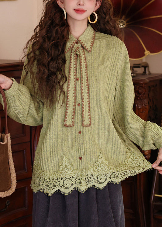 New Grass Green Peter Pan Collar Button Lace Patchwork Knit Shirts Sweater Spring