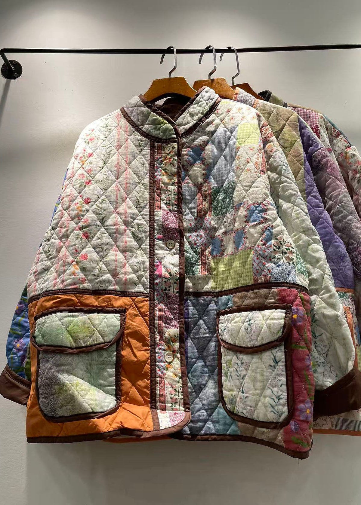 New Green Pockets Print Patchwork Fine Cotton Filled Jackets Winter