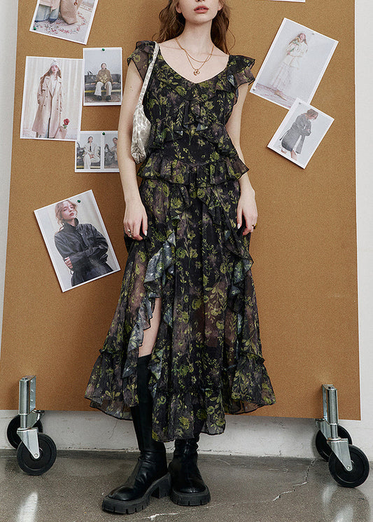 New Green Print Side Open Chiffon Long Dresses Summer