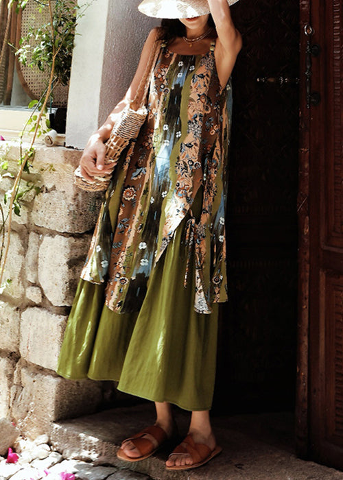 New Green Print Side Open Patchwork Cotton Spaghetti Strap Dress Sleeveless