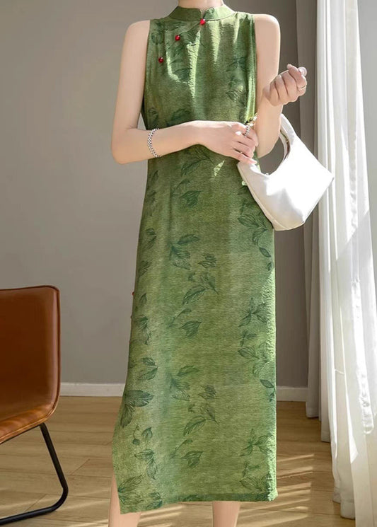 New Green Print Side Open Silk Cotton Long Dress Sleeveless