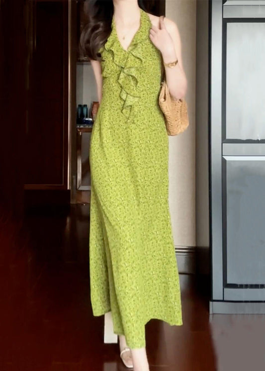 New Green Ruffled Print Cotton Long Dress Sleeveless