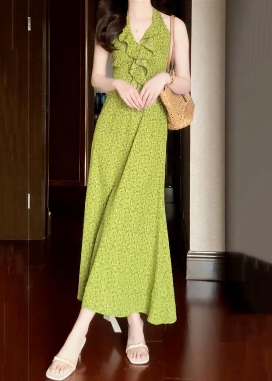New Green Ruffled Print Cotton Long Dress Sleeveless