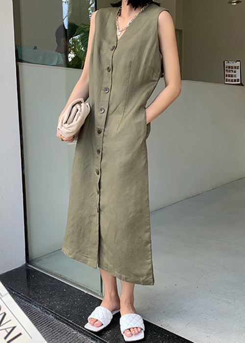 New Green V Neck Button Pockets Linen Dresses Sleeveless