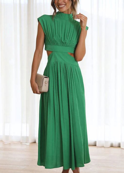 New Green Wrinkled Hollow Out Cotton Long Dress Summer