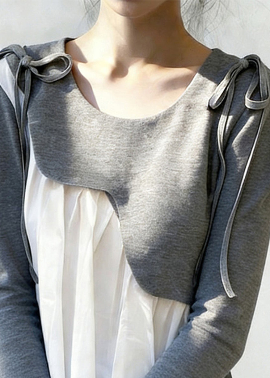 New Grey Asymmetrical Lace Up Patchwork Cotton T Shirts Spring